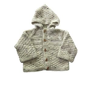 Hand Knit Hooded Beige Cardigan Sweater Novelty Buttons Cozy Cabincore Sz‎ 6-12M